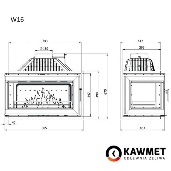 КАМІННА ТОПКА KAWMET W16 З ПРАВИМ БОКОВИМ СКЛОМ БЕЗ РАМИ (14.7 KW)