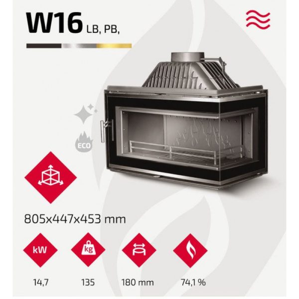 КАМІННА ТОПКА KAWMET W16 З ПРАВИМ БОКОВИМ СКЛОМ БЕЗ РАМИ (14.7 KW)