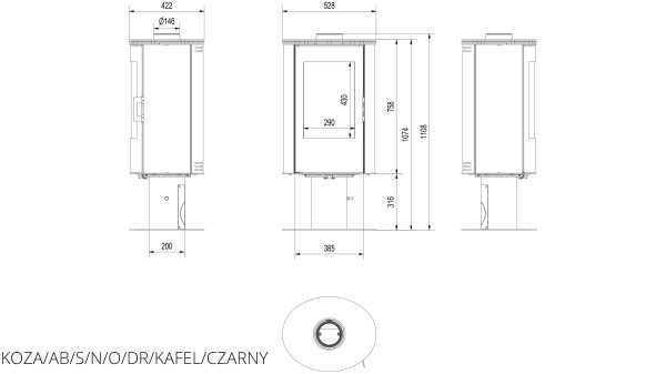 Опалювальна піч Kratki KOZA AB S/N/O/DR кахель чорна