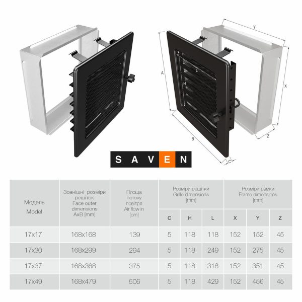 Вентиляційна решітка для каміна SAVEN 17х30 чорна з жалюзі