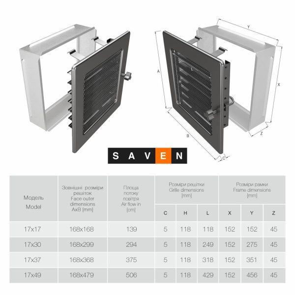 Вентиляційна решітка для каміна SAVEN 17х30 графітова з жалюзі