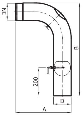 Коліно гнуте високе з шибером і ревізією Darco 90° на димохід Ø 150 чорна сталь 2 мм